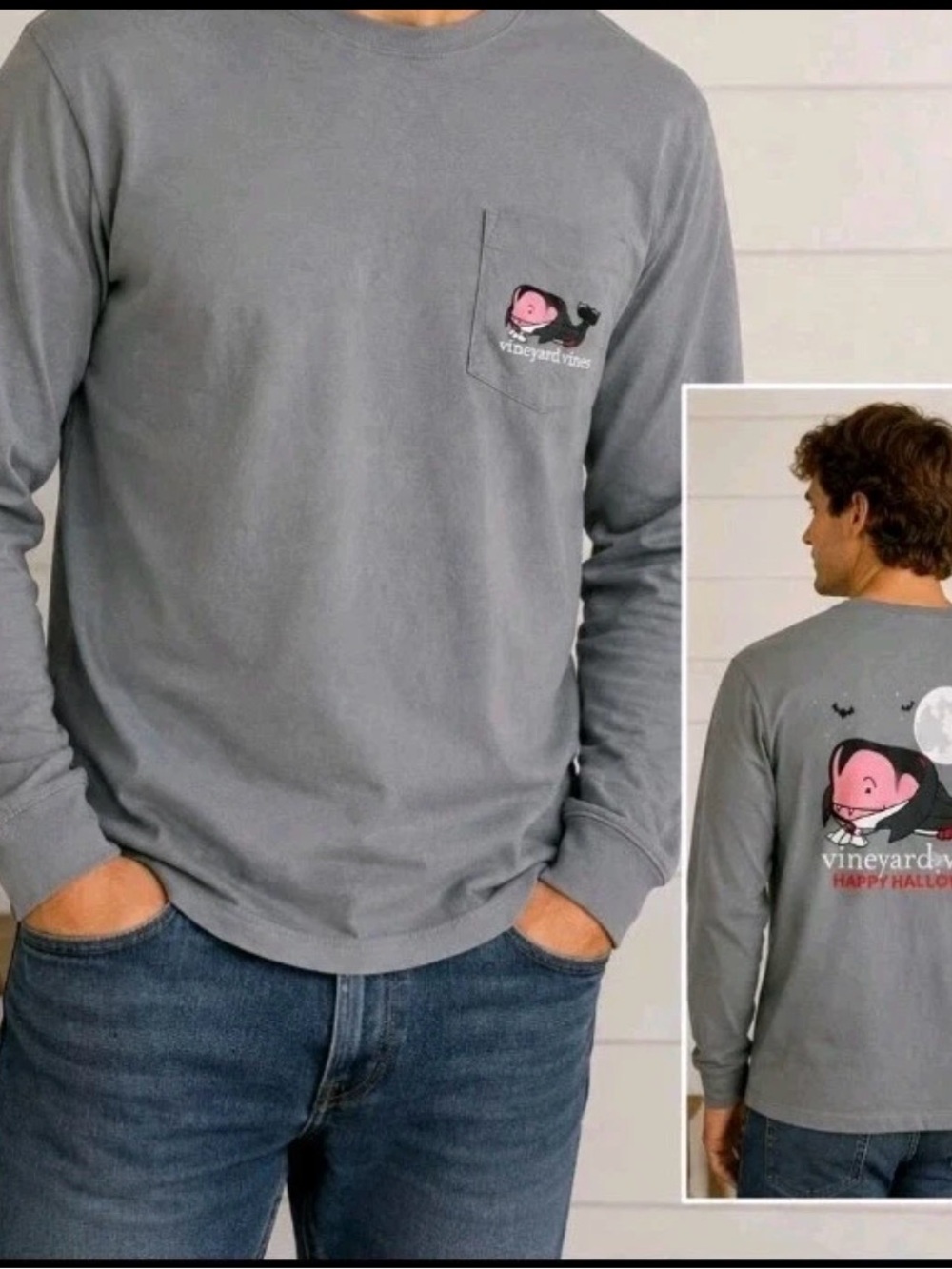 Vineyard Vines Men’s Vampire Whale Gray Halloween Tee XL